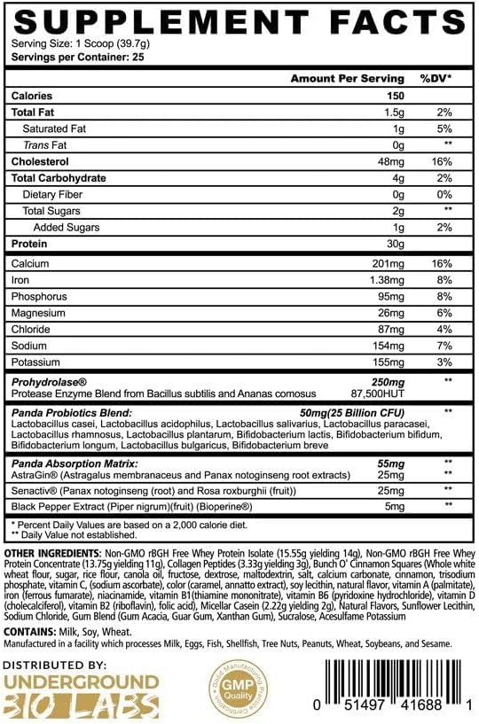 Panda Fuel whey scoop showing fast-dissolving formula for convenient shakes.