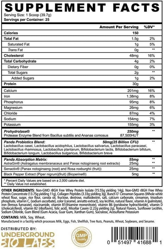 Panda Fuel whey scoop showing fast-dissolving formula for convenient shakes.