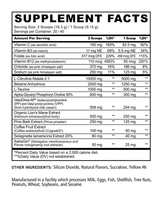 Panda Pump scoop shows 10g citrulline malate for endurance.