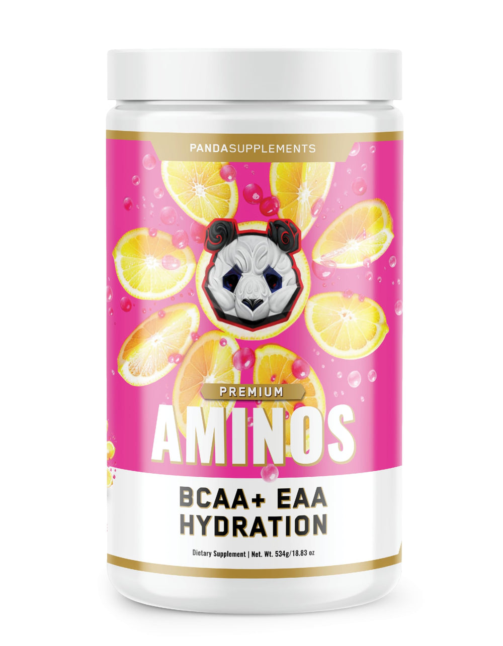 Underground Bio Labs Panda Supps Aminos pink lemonade bottle for convenient hydration during workouts