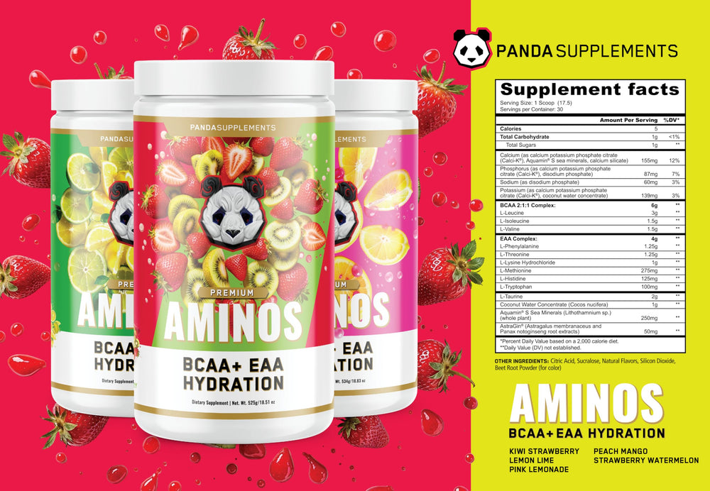 Close-up of Panda Supps Aminos pink lemonade label with ingredients and nutrition highlights