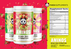 Close-up of Panda Supps Aminos pink lemonade label with ingredients and nutrition highlights
