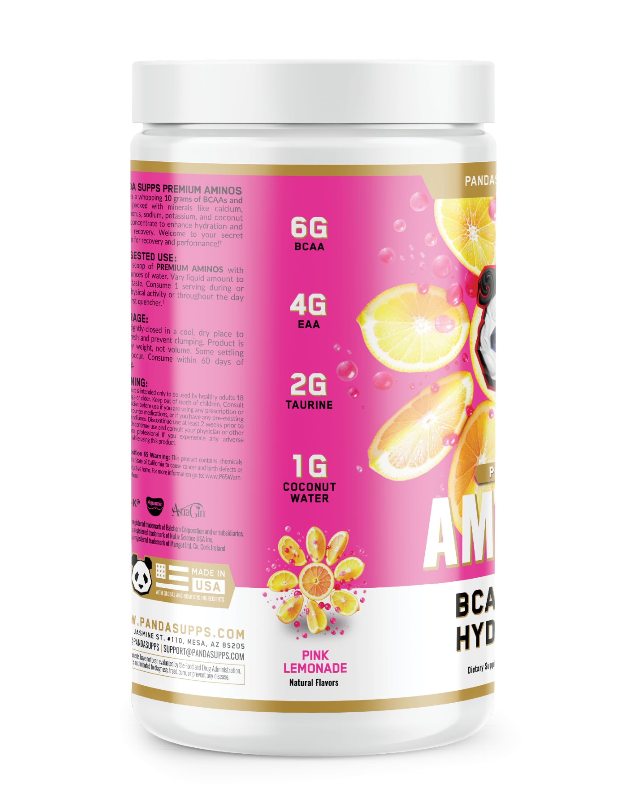 Panda Supps Aminos pink lemonade pouch packaging for easy storage and use