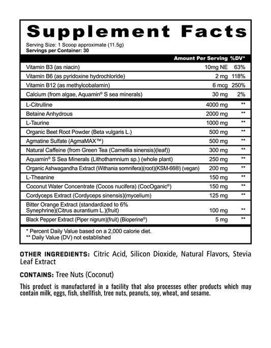 Underground Bio Labs Panda Supps Fierce Berry bottle back highlights nutrition facts and caffeine content.