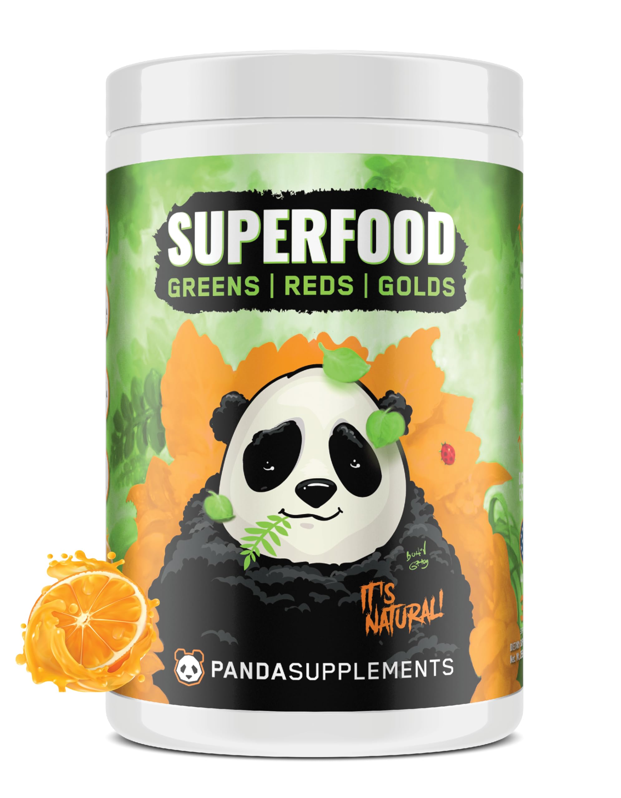 Underground Bio Labs Panda Supps Greens bottle with pineapple flavor boosts daily energy.