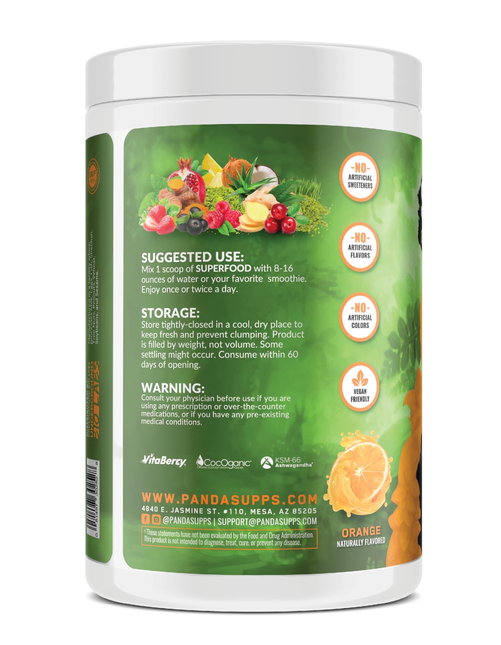 Panda Immune Boost powder jar hints at stress resilience and digestion support.