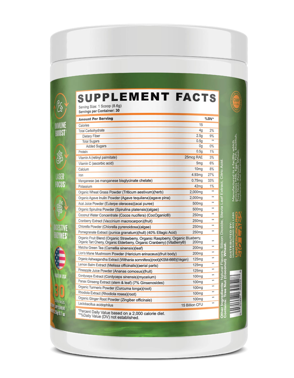 Organic 14-powder blend bag showcases variety and antioxidant-rich ingredients.