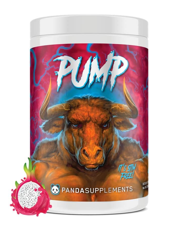Underground Bio Labs Panda Supps Pump bottle rainbow dragonfruit with vibrant powder for focus.