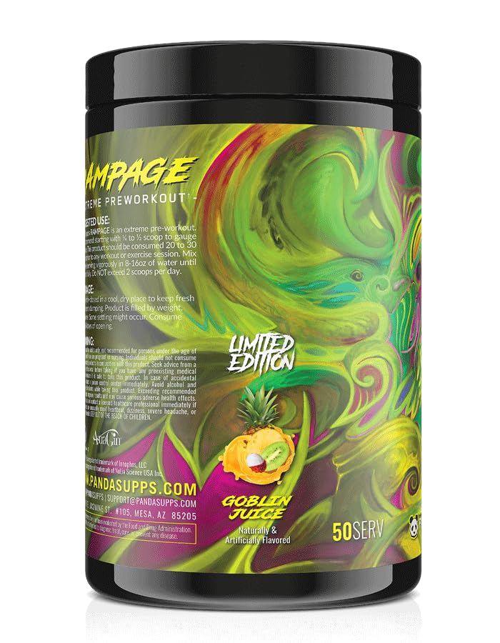 Underground Bio Labs Panda Supps Rampage scoop image shows vibrant Goblin Juice powder for quick mixing.