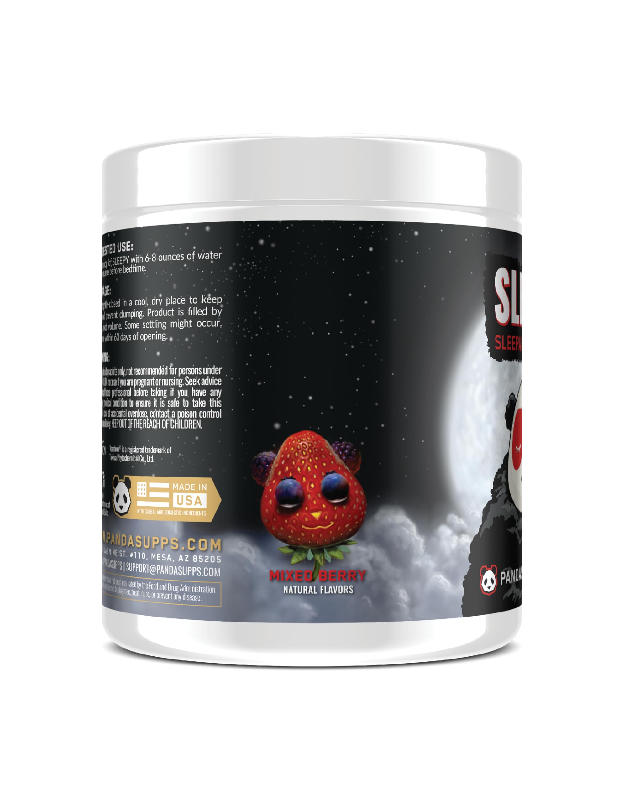 Close-up of Sleepy 3.0 ingredients panel highlighting melatonin, GABA, and chamomile