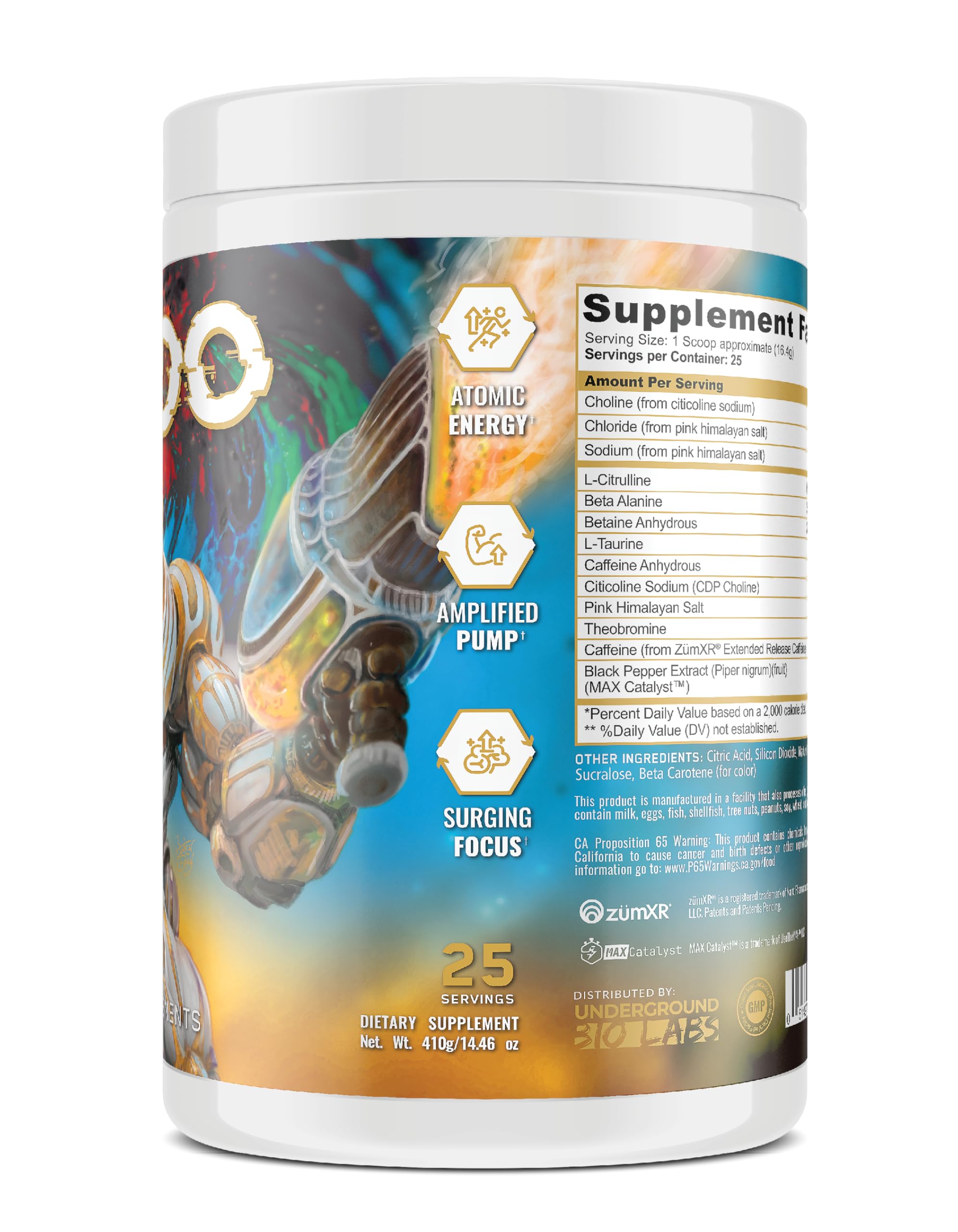 Underground Bio Labs Pando Pre-Workout robo belts tub highlights transparent label and clear dosing