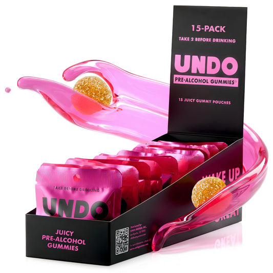 UNDO Gummies pre-alcohol bottle on countertop, convenient pre-drink support