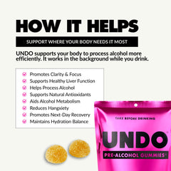 Brand badge showing vegan, non-GMO and gluten-free status for UNDO Gummies