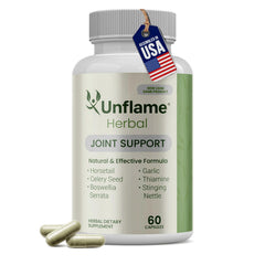 Unflame Herbal supplement bottle front shows natural blend for joint and muscle support