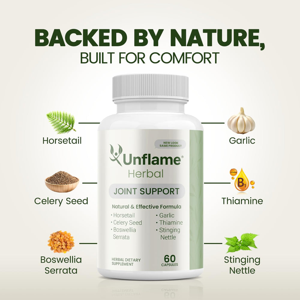 Unflame Herbal supplement label detail focuses on ingredients and safety features
