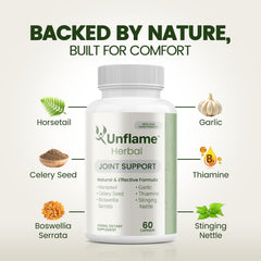 Unflame Herbal supplement label detail focuses on ingredients and safety features