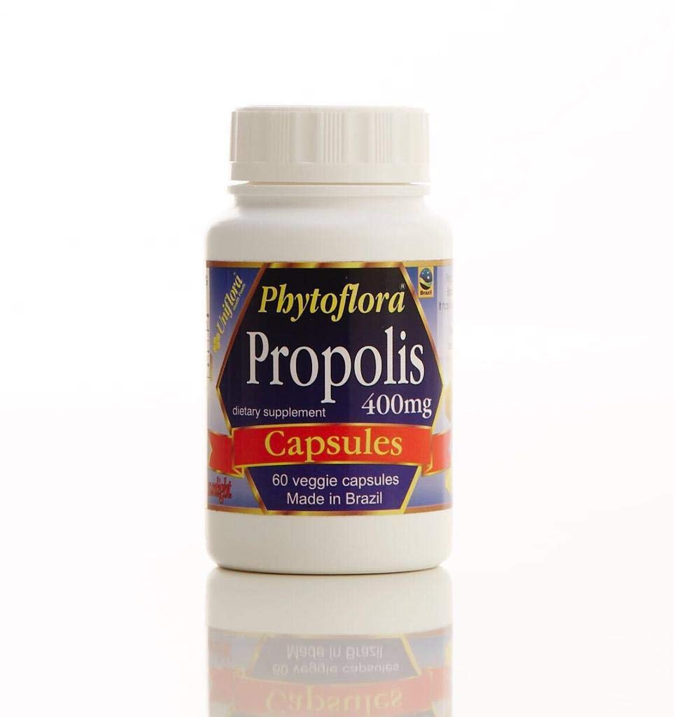 Uniflora Phytoflora green propolis capsules on bottle front for daily wellness.
