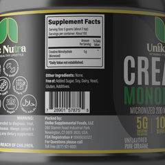 Unike Nutra Pure Creatine Monohydrate label-verified, kosher and halal certified.