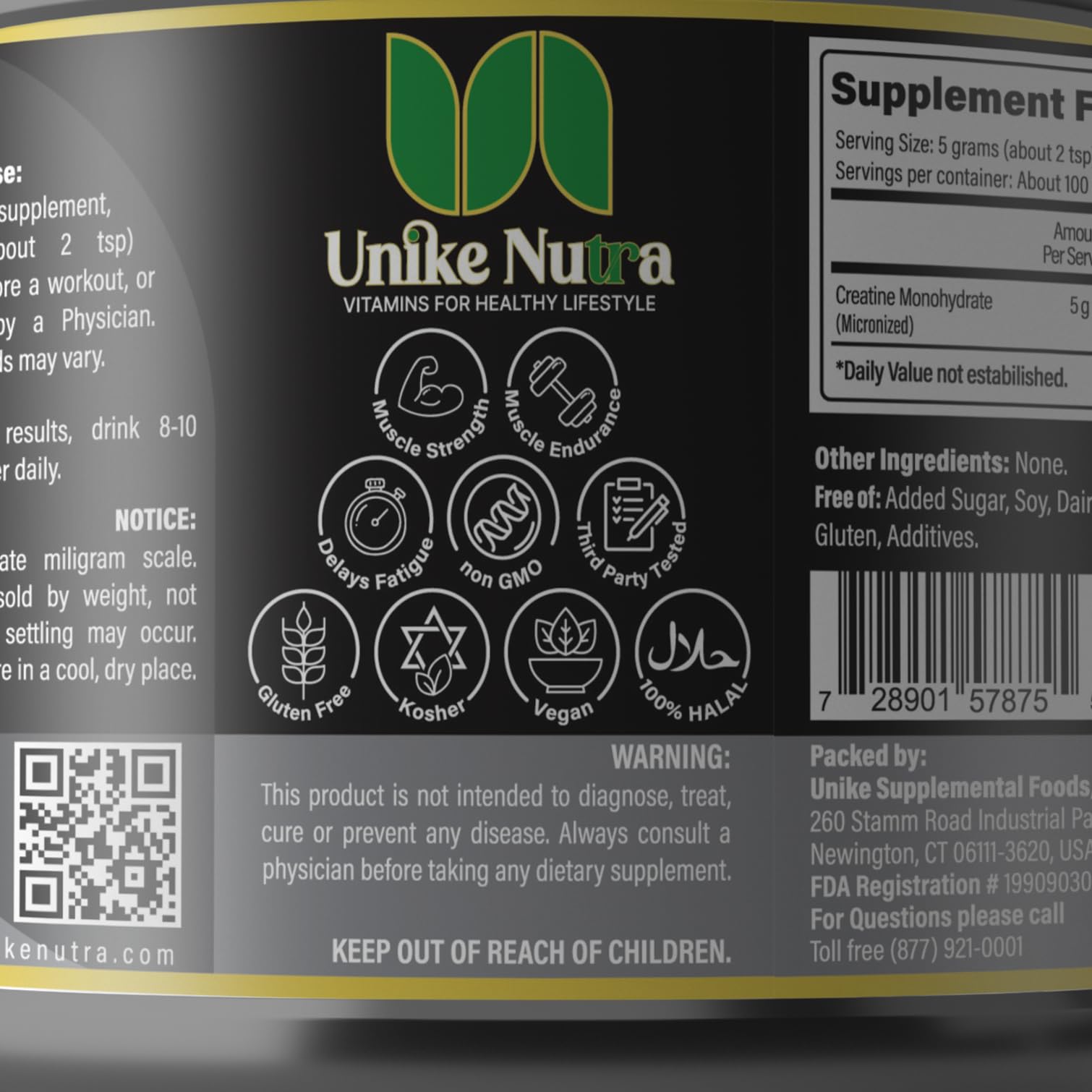Unike Nutra Pure Creatine Monohydrate storage-container preserves freshness.