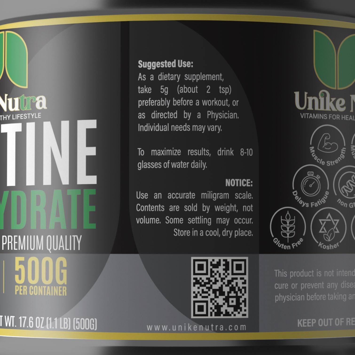 Unike Nutra Pure Creatine Monohydrate workout-scene suggests athletic training support.