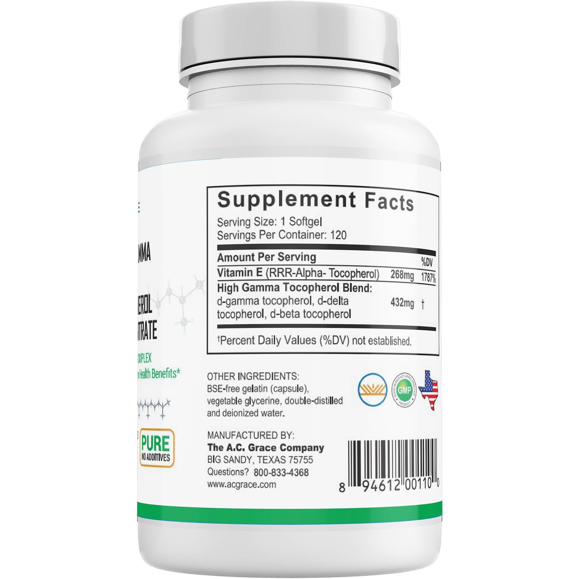 Unique E A.C. Grace ingredients panel reveals natural tocopherol blend composition.