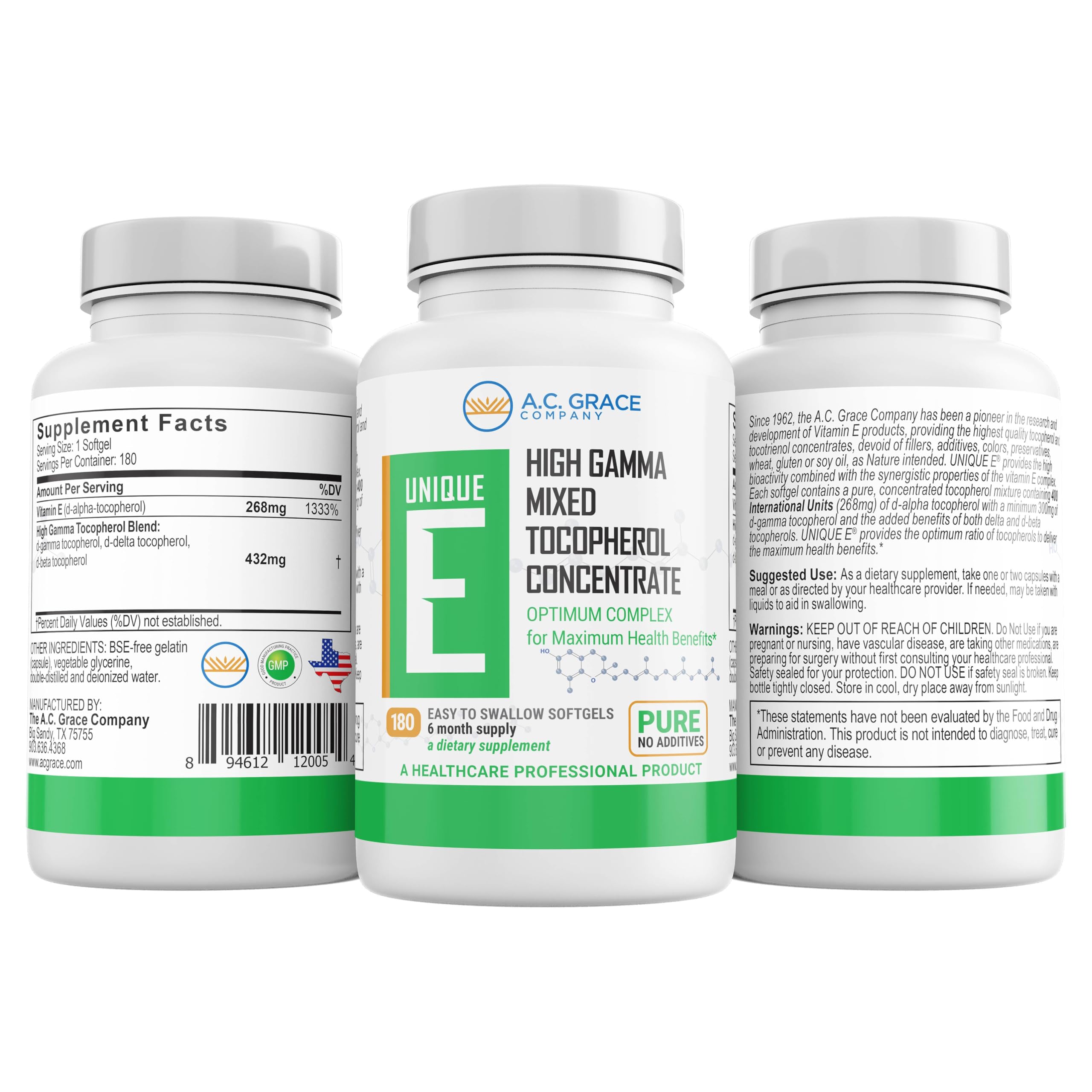 Unique E A.C. Grace mixed tocopherols softgels pour illustrating antioxidant benefits