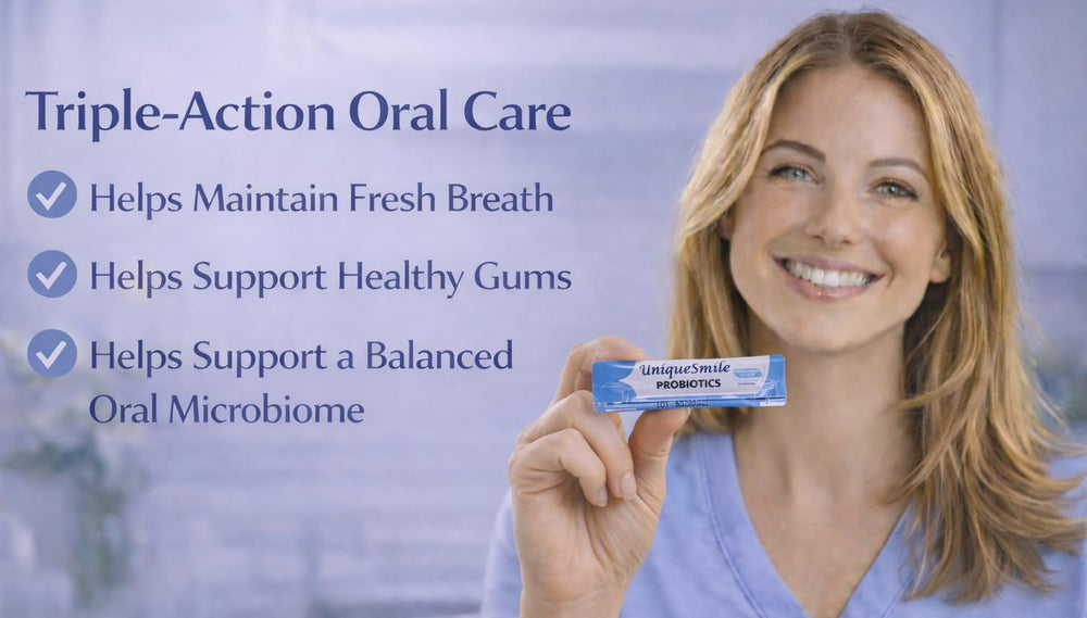 UniqueSmile Probiotics box front showcases 12 strains for comprehensive oral microbiome support.