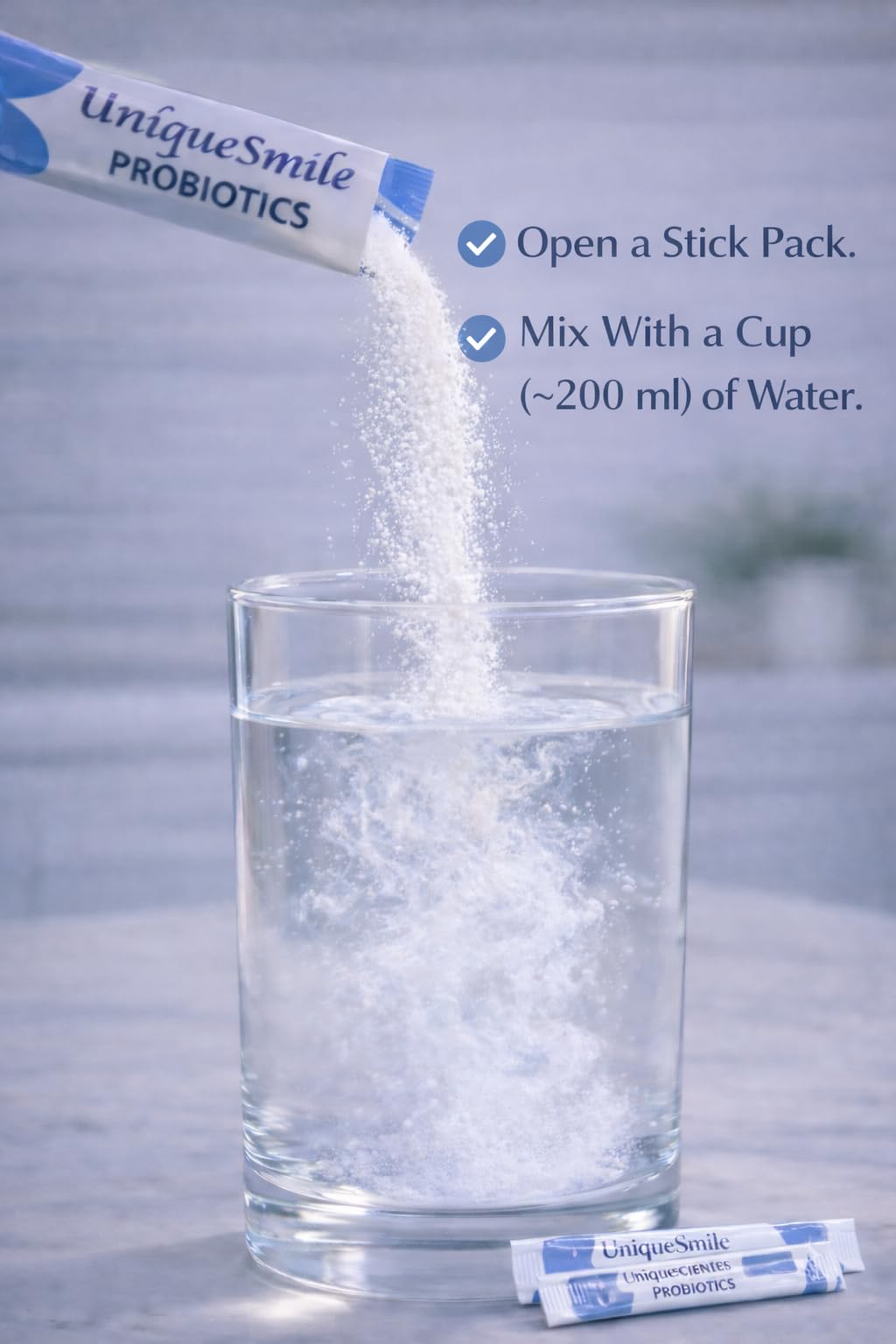 UniqueSmile Probiotics label closeup reveals clean formulation without artificial colors or preservatives.