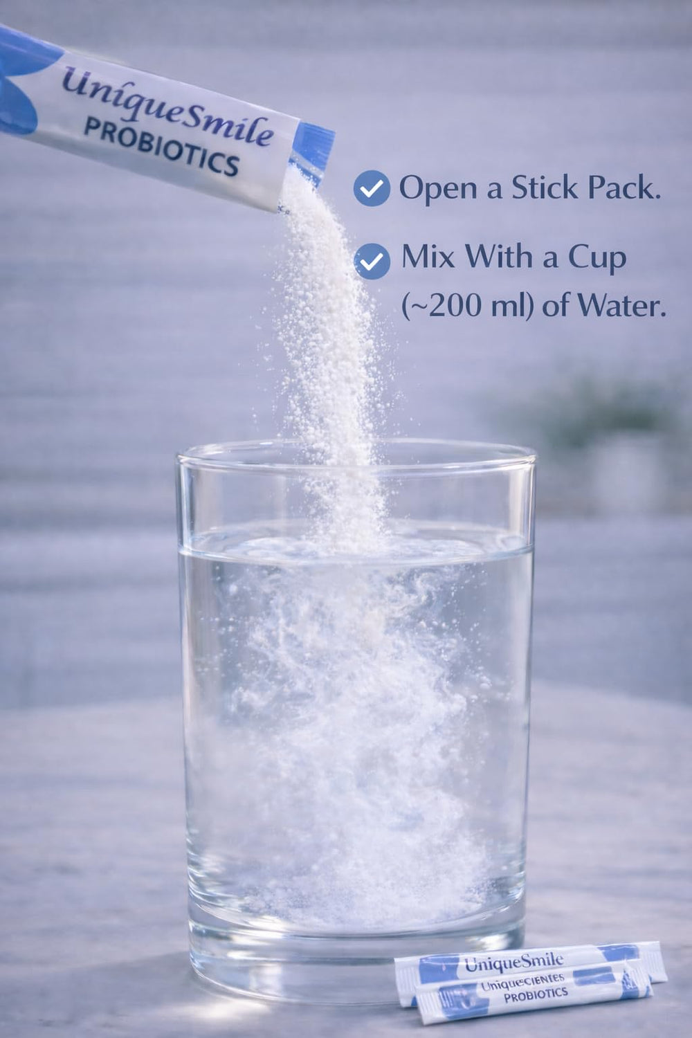 UniqueSmile Probiotics label closeup reveals clean formulation without artificial colors or preservatives.