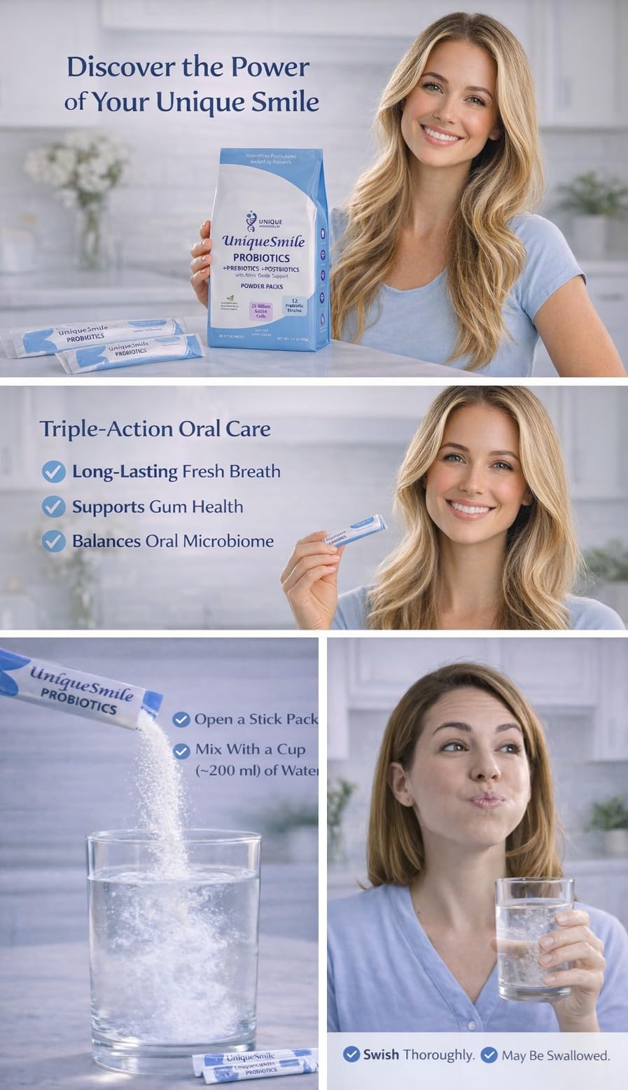 UniqueSmile Probiotics packaging detail highlights prebiotics and postbiotics inclusion.
