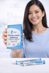 UniqueSmile Probiotics stick pouch highlights convenient 30-stick monthly supply for ongoing oral health.