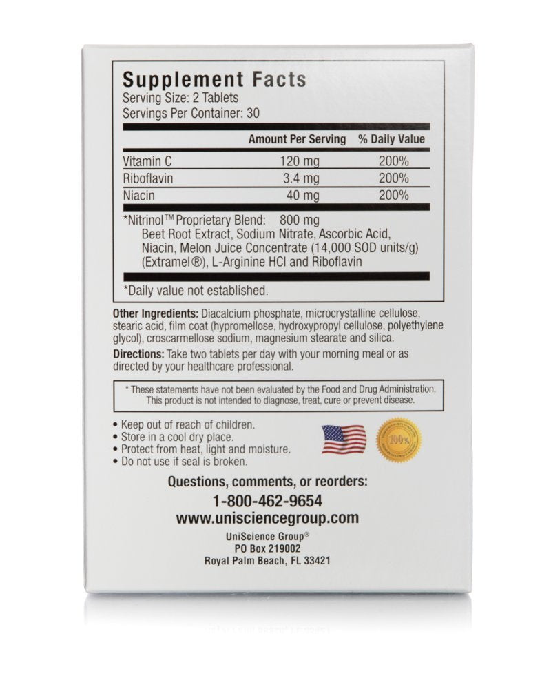 UniScience Group Nitrinol tablets close-up highlighting beetroot extract and nitric oxide boost.