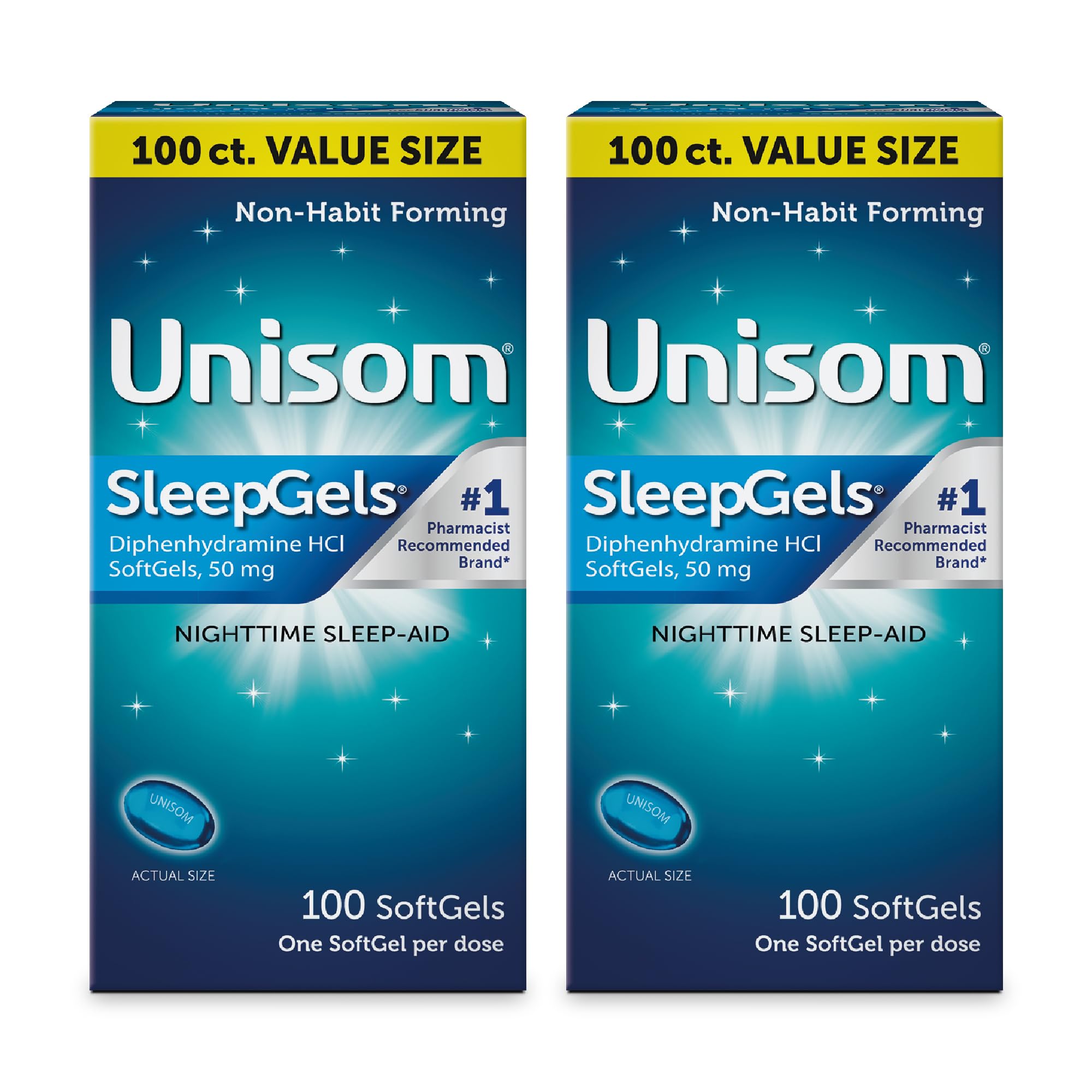 Unisom SleepGels bottle closeup reveals liquid-filled softgels.