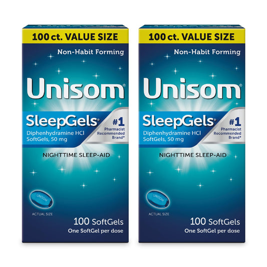 Unisom SleepGels bottle closeup reveals liquid-filled softgels.