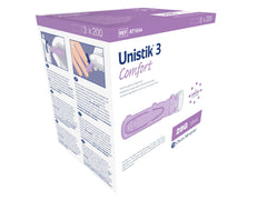 Unistik 3 28G safety lancets in packaging designed for fingerstick sampling.