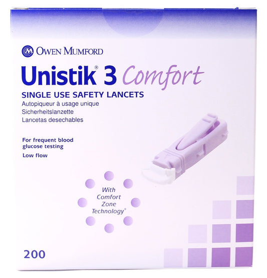 Unistik 3 comfort safety lancets in a box of 200 with twist-off sterile cap for safe use.
