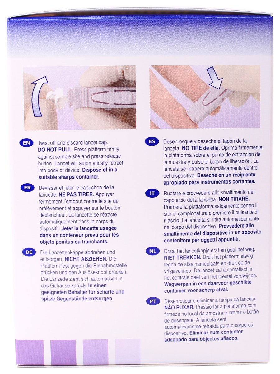 Unistik 3 lancets showing twist-off cap and auto-retract needle for safety.
