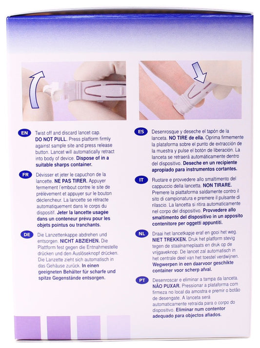 Unistik 3 lancets showing twist-off cap and auto-retract needle for safety.