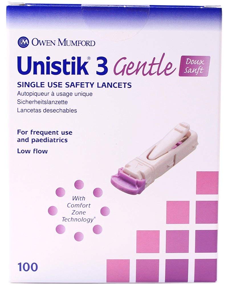 Unistik 3 Gentle Safety Lancets box of 100 for reliable home testing.