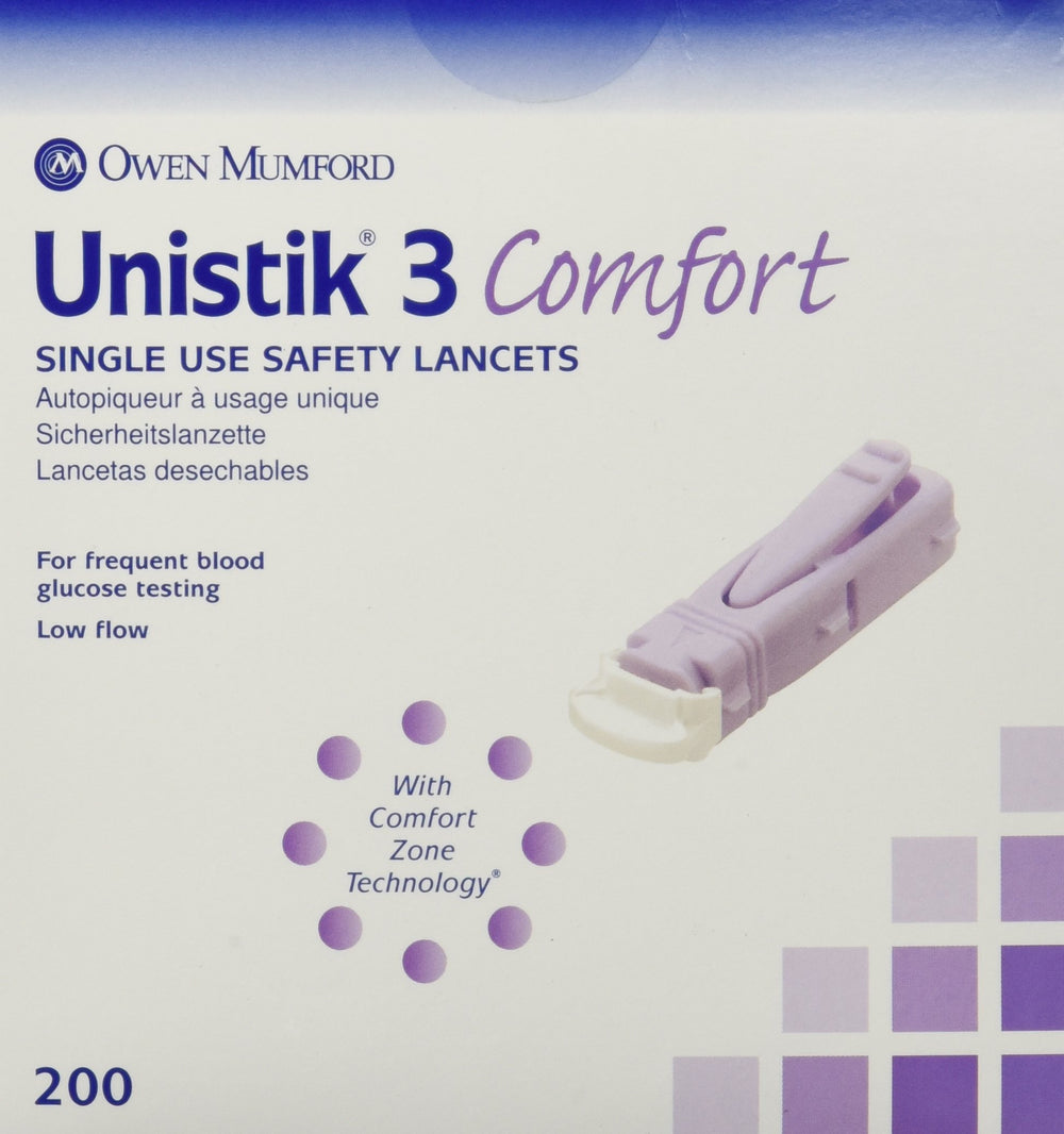 Unistik 3 lancets Comfort Style Purple for easier, more comfortable blood glucose testing at home.