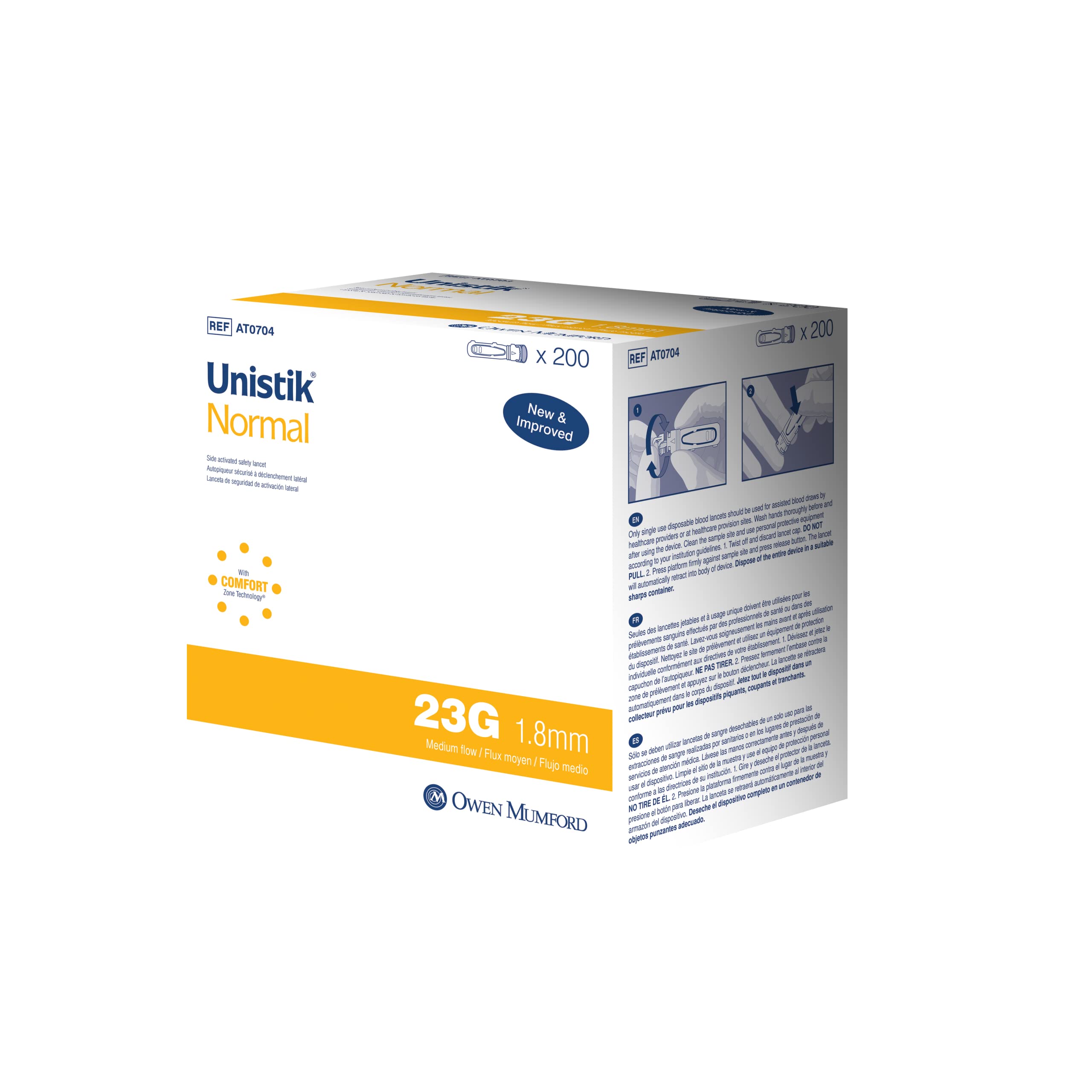 Unistik 3 safety lancets 23G front packaging for easy home testing