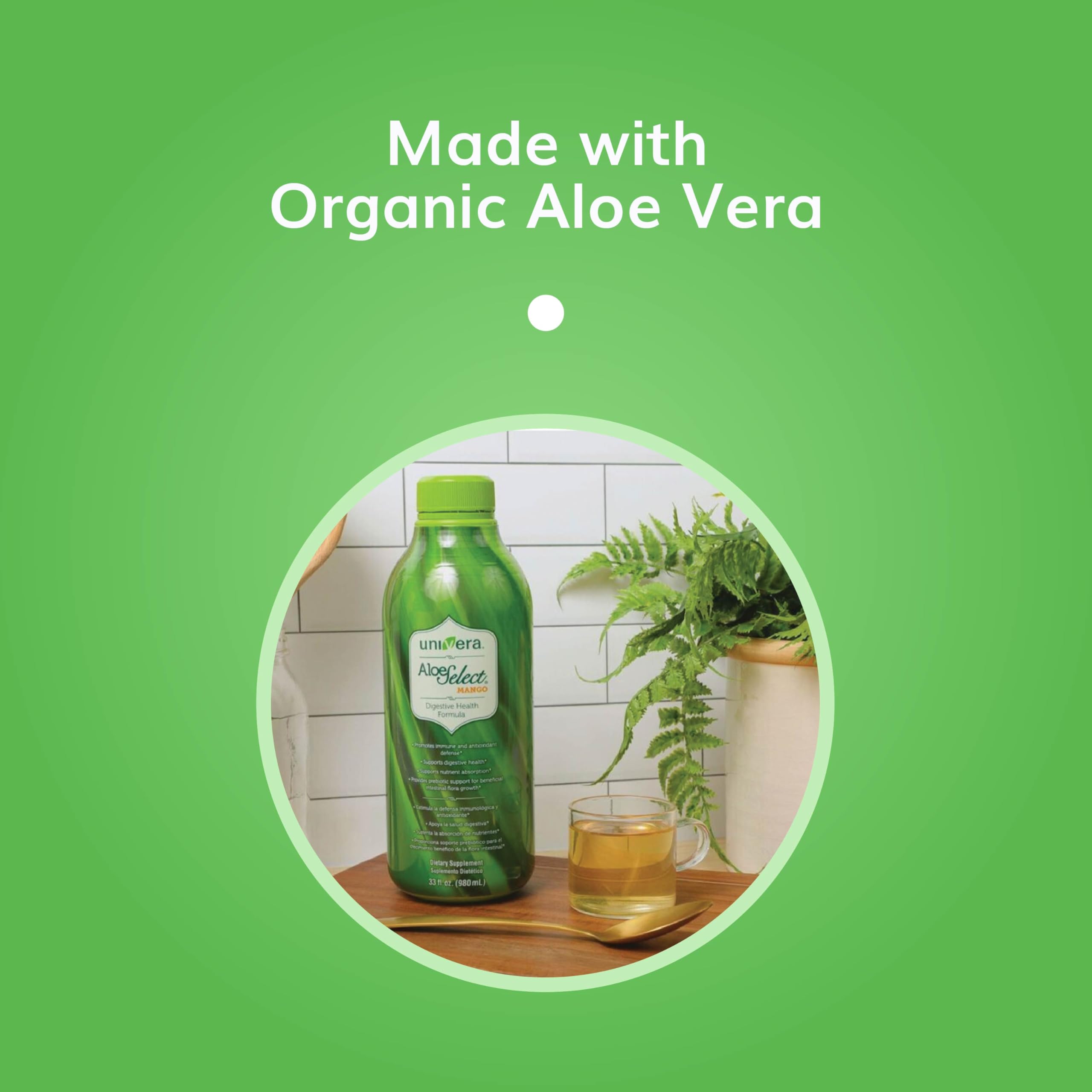 Pouring Univera Aloe Select Mango for a daily digestive routine.