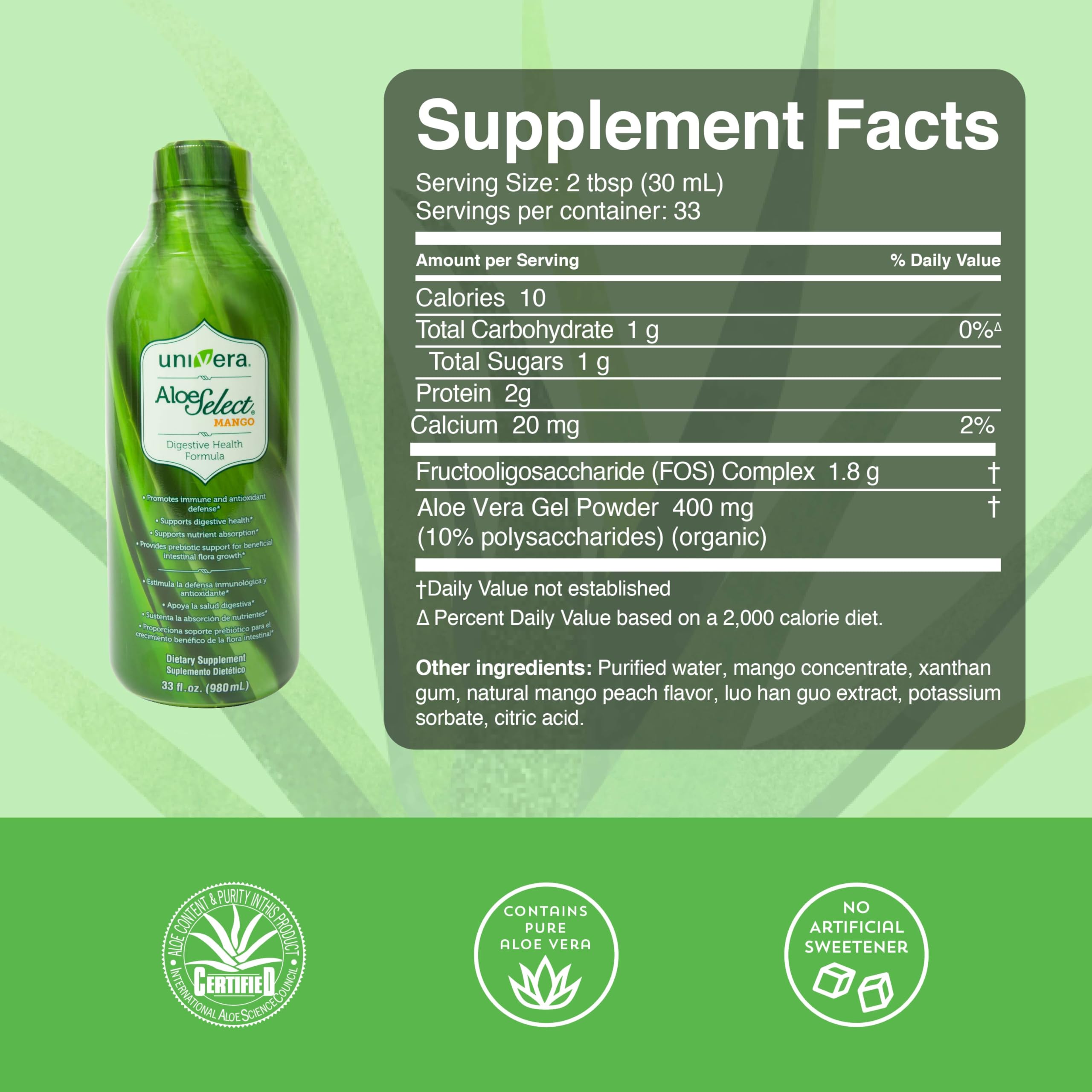 Univera Aloe Select Mango label close-up with ACTIValoe polysaccharides.