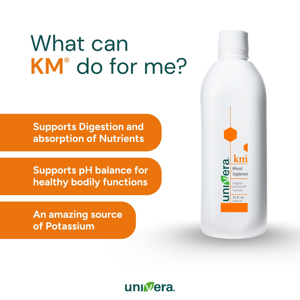 Univera km label closeup highlights the Original Karl Jurak formula.