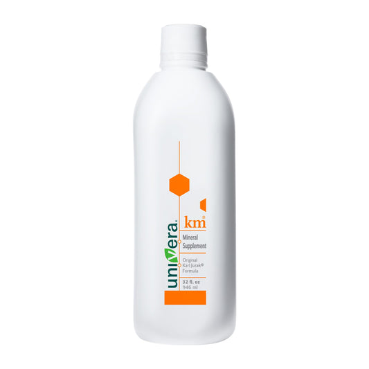 Univera km bottle front with label visible for easy daily use.