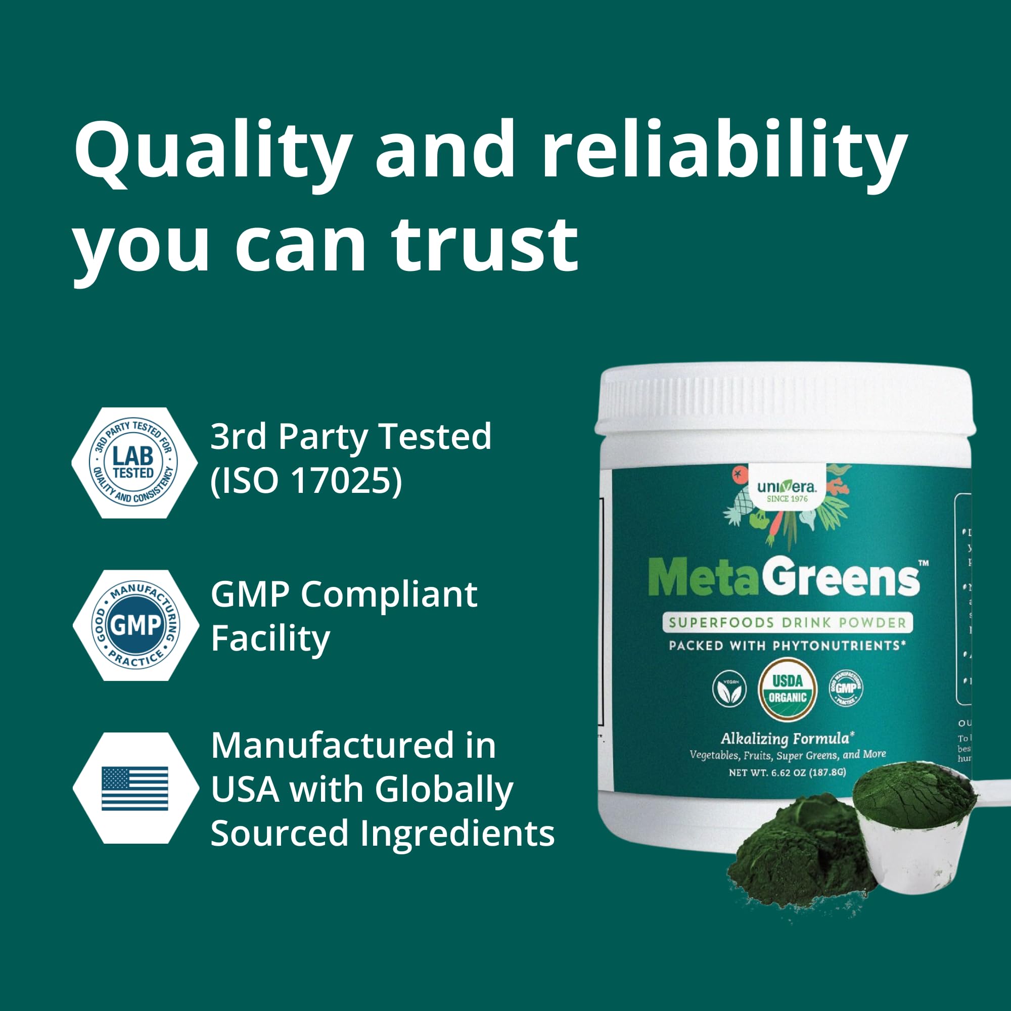 Univera Metagreens smoothie-glass presents a nourishing, vegan beverage option.