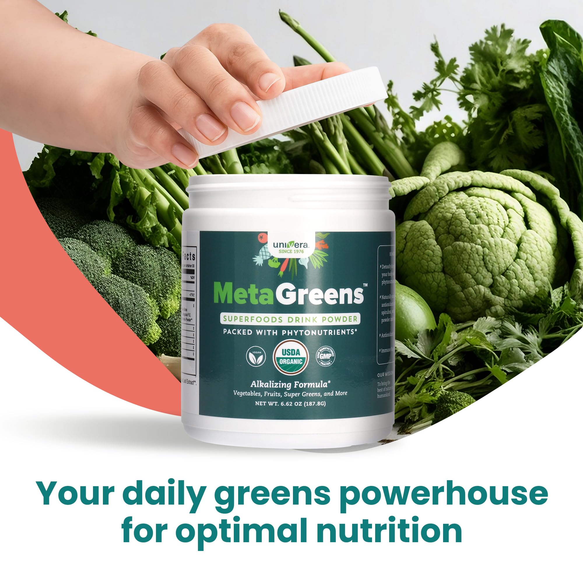Univera Metagreens spoon-dip demonstrates accurate scoop for daily servings.
