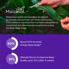 Ingredient list close-up featuring Maizinol, valerian, and chamomile blend.