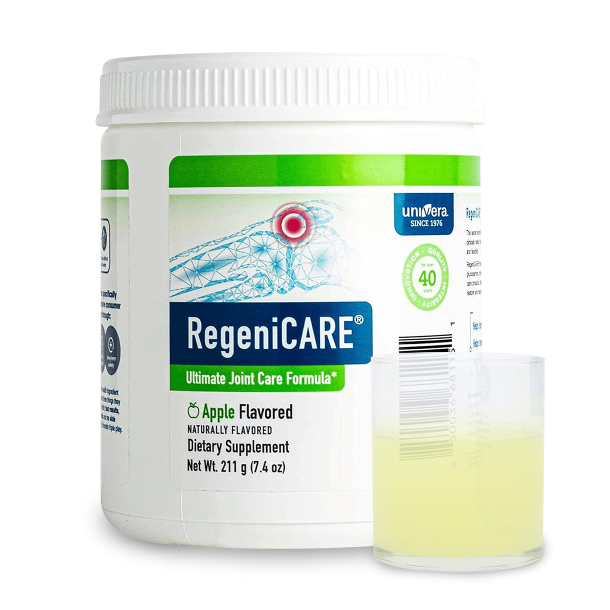 Univera RegeniCARE green apple powder tub for daily joint support.