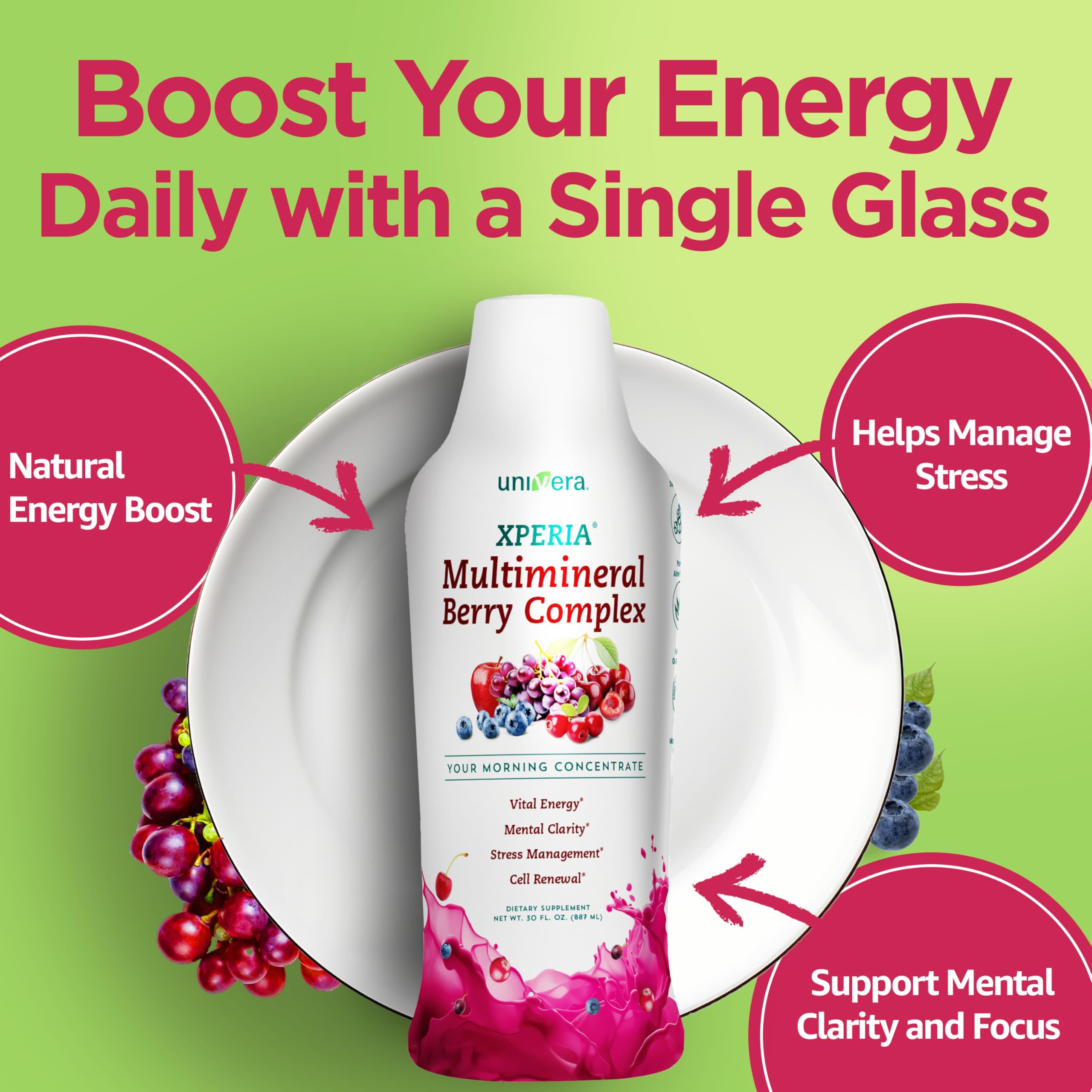 Univera Xperia Concentrate served in a glass for a focused start to the day
